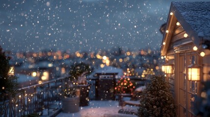 snowy rooftop with Christmas lights