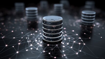 Futuristic image of data storage servers connected by a network of illuminated nodes, creating an abstract technology representation