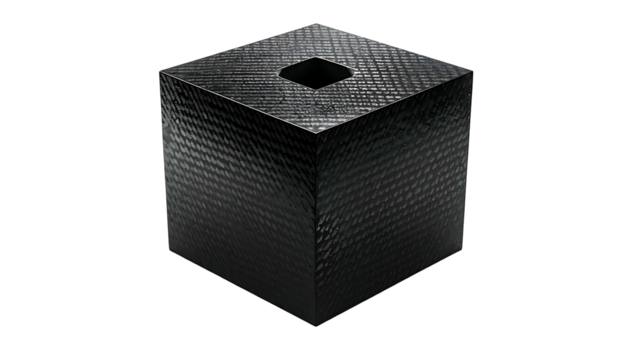 A textured black cube with a square hole at the top, set against a dark background - Powered by Adobe