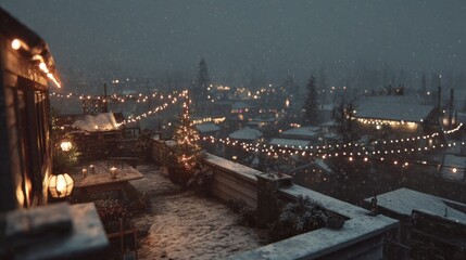 snowy rooftop with Christmas lights