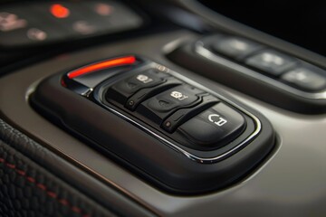 Obraz premium Modern car's center console featuring drive mode selector, traction control, and other controls, illuminated with red light