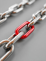 Obraz premium Shiny metallic silver chain with one distinctive glossy red link symbolizing uniqueness and strength against a smooth gray background in a conceptual close-up image