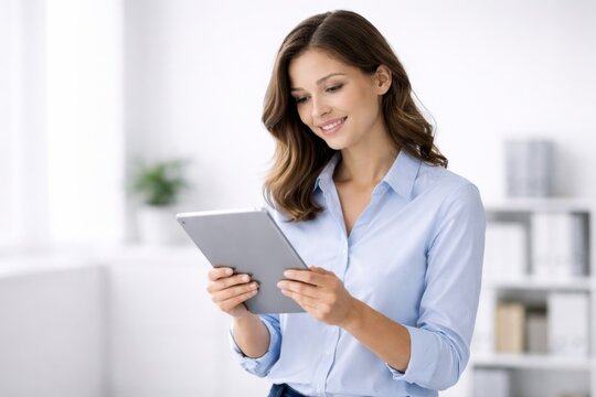 Smiling young woman using a smartphone with glowing financial data icons - Powered by Adobe