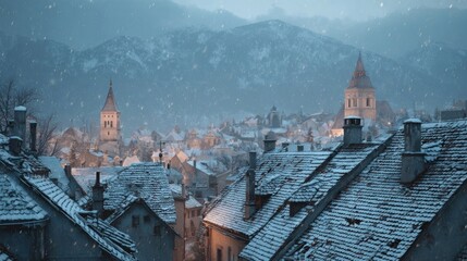 Snowy rooftops of European village with church bells ringing,