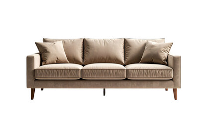 A modern beige sofa with three seat cushions, back pillows, and wooden legs