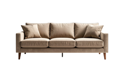 A modern beige sofa with three seat cushions, back pillows, and wooden legs
