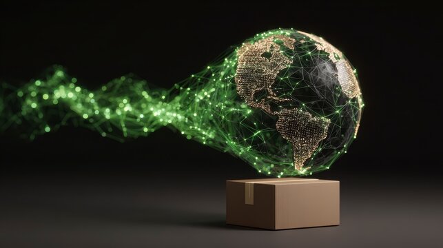 A conceptual digital artwork depicts a glowing green network connecting the world to a cardboard package. A dark background highlights this futuristic delivery theme - Powered by Adobe