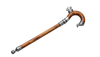 Elegant walking stick with curved handle, silver accents, and a wooden shaft