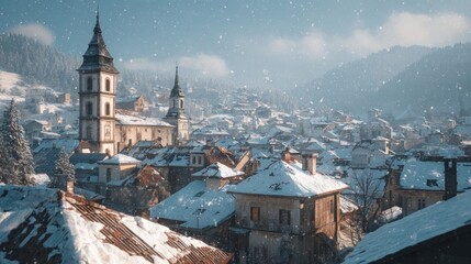 Snowy rooftops of European village with church bells ringing,