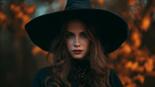 Pretty young witch wearing a large black cone hat and a flowing black dress, standing in an autumn forest. Warm fall colors and soft natural light create a magical, mysterious atmosphere
