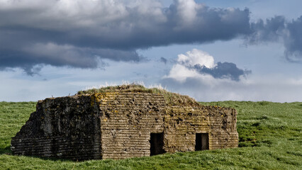 Lonely World War I concrete bunker in a green field in Flanders Belgium. WWI military ruin and pillbox in the rural countryside near Ypres. Scars of war on the Western Front.