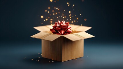 A cardboard box reveals a vibrant red bow, surrounded by shimmering gold sparks against a dark blue background