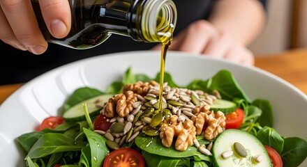 Olive Oil Pouring Over Fresh Salad Healthy Eating Concept Vegetarian Cuisine Close Up Green Salad with Walnut Cucumber Tomato Sunflower Seeds