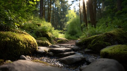 Obraz premium A sunlit forest path winds beside a mossy stream with stepping stones