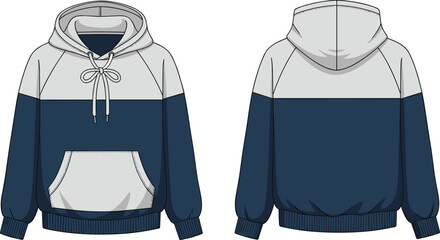 Color block hoodie front and back view, casual pullover sweatshirt design, modern streetwear fashion apparel, comfortable unisex clothing vector illustration