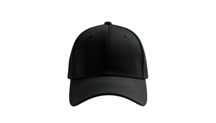 Front-facing, plain black baseball cap isolated on a dark background