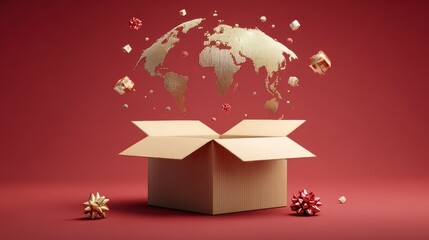 A conceptual image showing a gold map of the world emerging from an open cardboard box, with floating gifts on a red background