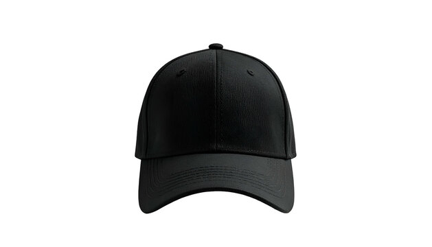 Front-facing, plain black baseball cap isolated on a dark background