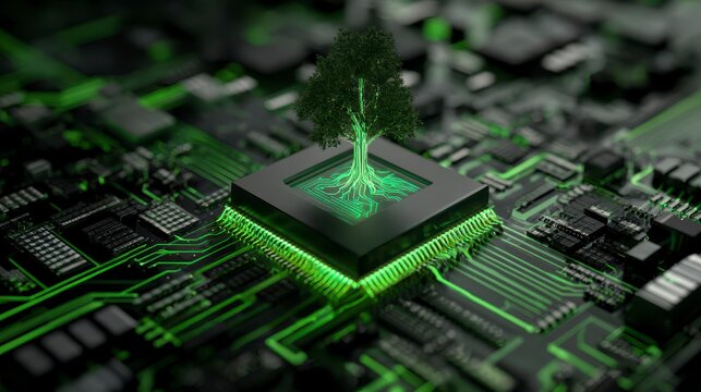 A vibrant green tree sprouts from a circuit board's central processing unit, representing technology and nature's synergy - Powered by Adobe