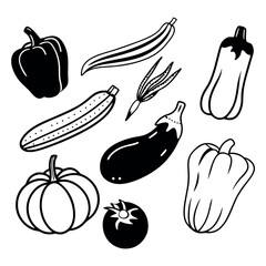 Hand drawn black and white vegetable illustrations, organic garden produce including pepper, eggplant, tomato and pumpkin on white background