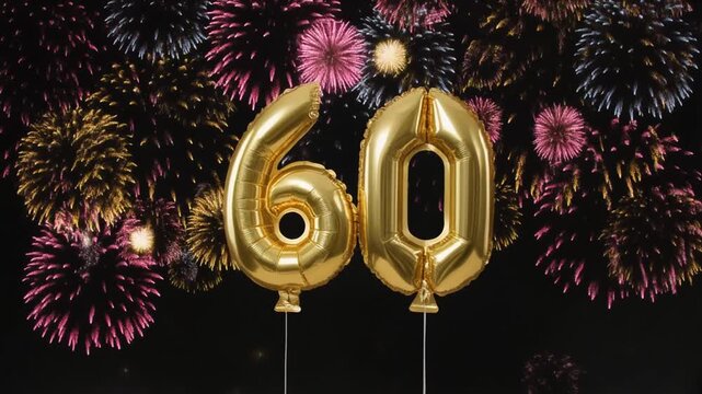 Gold balloon number 60 with fireworks in the background. Festive scene for birthday or anniversary party