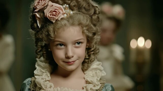 Retro vintage portrait of a young Caucasian girl wearing an elegant 18th century gown, with a delicate flower in her hair, smiling softly inside a classic interior room.