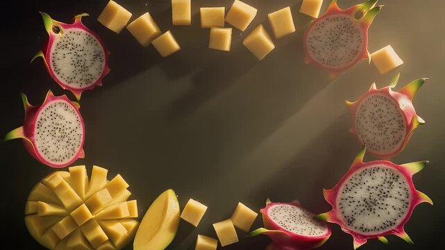 Vibrant arrangement of fresh exotic dragon fruit and mango pieces creating a captivating circular frame on a dark background with soft lighting, perfect for healthy eating concepts