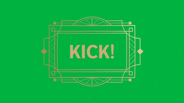 Animation of gold text kick, in decorative gold frame, on orange background