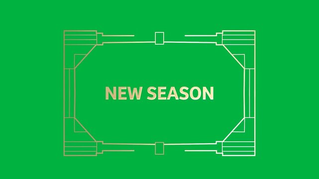 Animation of gold text new season, in decorative gold frame, on black background