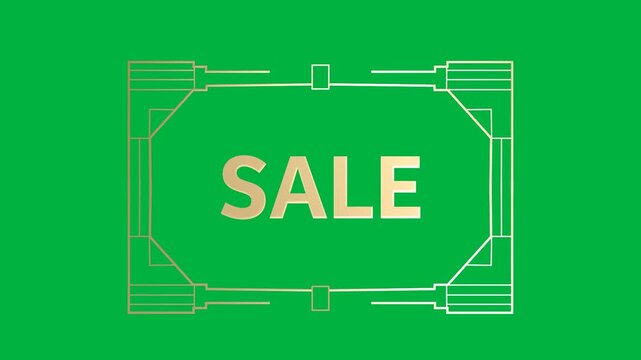 Animation of gold text sale, in decorative gold frame, on black background