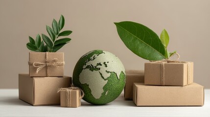 Earth globe adorned with green foliage, positioned amidst packages, symbolizing ecological awareness & sustainability
