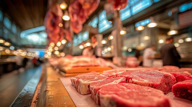 butcher stall , red meat hanging at bustling Asian market