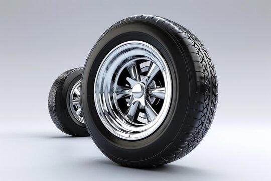Chrome wheels and tires standing on gray background, ready for a custom car or hot rod