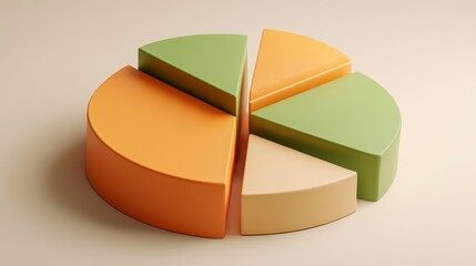 A 3D rendered pie chart, segmented into four sections of varying colors, sits on a smooth beige surface. The segments are arranged to depict data