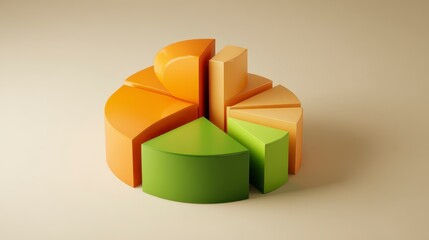 A 3D rendered pie chart composed of several colored segments, showcasing data visualization in a modern, minimalistic style