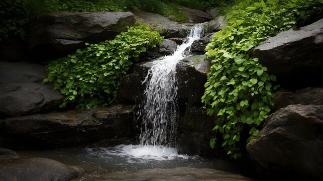 A natural waterfall cascades over dark rocks surrounded by lush green foliage