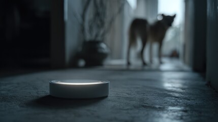 Medium shot of a sleek appcontrolled pet toy glowing softly as a curious dog interacts with a blurred background emphasizing the toys techsavvy design.