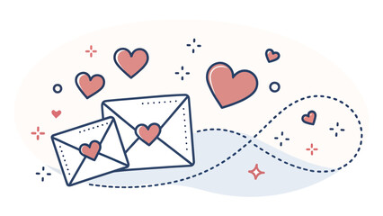 Love letters and hearts floating in the air with dotted line