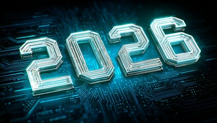 Metallic 2026 numbers displayed on a glowing blue microchip surface, symbolizing futuristic digital innovation and advancing technology