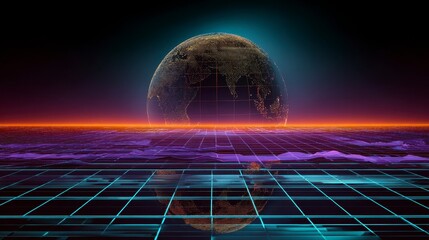 Digital Earth globe, pixelated and semi-transparent, floating above a grid of lines, evokes a futuristic concept