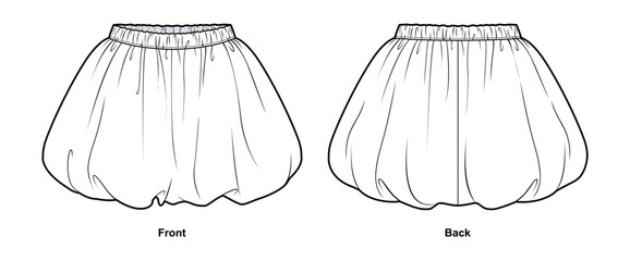 Women's Classic Bubble Mini Skirt Technical Fashion Illustration. Voluminous Balloon Silhouette with Elastic Waistband. Front and Back View. CAD Mockup. © aivenstudio