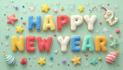 Colorful Happy New Year Balloon Letters with Festive Decorations for Celebration