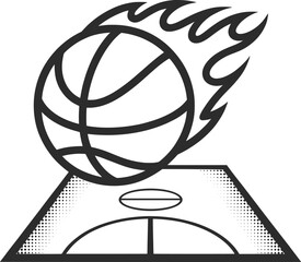 Flaming Basketball Shot Over Court Line Art Vector Illustration.