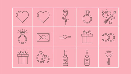 Romantic Valentine's Day icons and symbols for love and gifts