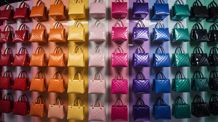 Fototapeta premium Colorful collection of women handbags arranged in gradient pattern 