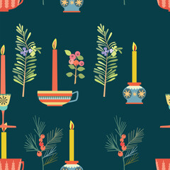 Christmas seamless cartoon pattern with pine branches, berries, and candles on a green background