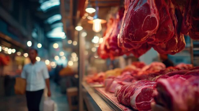 butcher stall , red meat hanging at bustling Asian market 