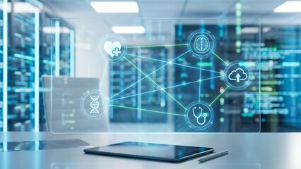 Fototapeta premium Digital healthcare interface displays icons for DNA brain heart cloud and stethoscope connected in a network