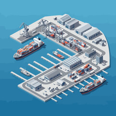 Isometric View of Busy Commercial Seaport.