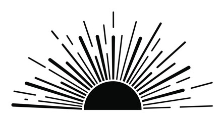 A bold and graphic black silhouette of a rising or setting sun with dynamic sunbeams representing hope and a new beginning.